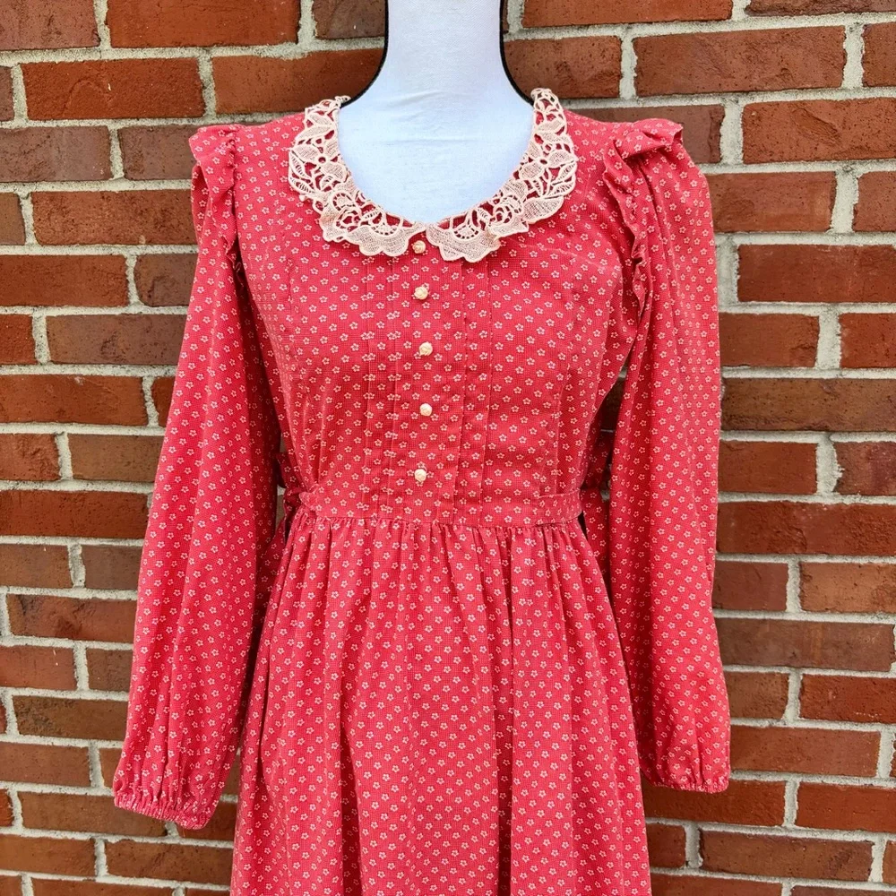 Vintage Candi Jones California Red Floral Print Long Sleeve Dress Ruffles Lace - Picture 2 of 9